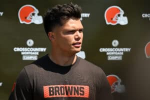 BEREA, OHIO - MAY 10: Dillon Gabriel #5 of the Cleveland Browns answers questions from the media during a press conference prior to rookie minicamp at CrossCountry Mortgage Campus on May 10, 2025 in Berea, Ohio.