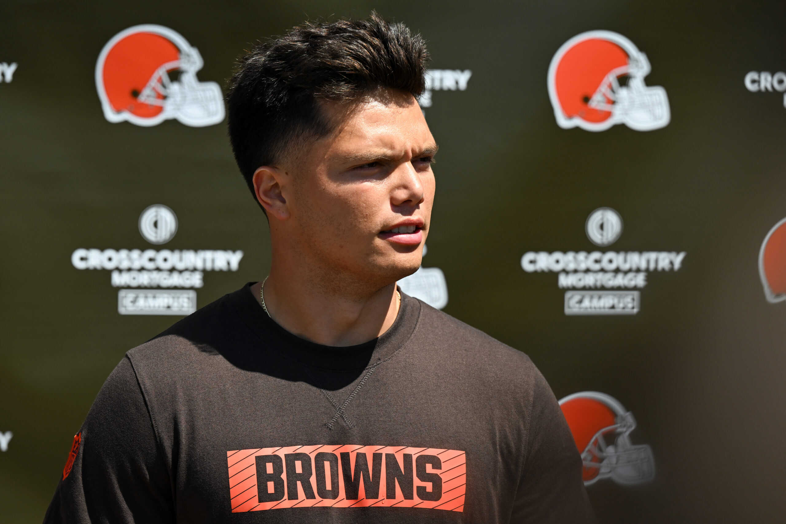 BEREA, OHIO - MAY 10: Dillon Gabriel #5 of the Cleveland Browns answers questions from the media during a press conference prior to rookie minicamp at CrossCountry Mortgage Campus on May 10, 2025 in Berea, Ohio.