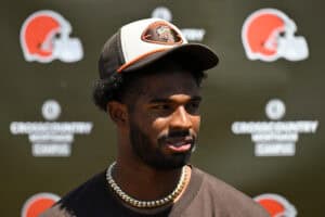 BEREA, OHIO - MAY 10: Shedeur Sanders #12 of the Cleveland Browns answers questions from the media during a press conference prior to rookie minicamp at CrossCountry Mortgage Campus on May 10, 2025 in Berea, Ohio.