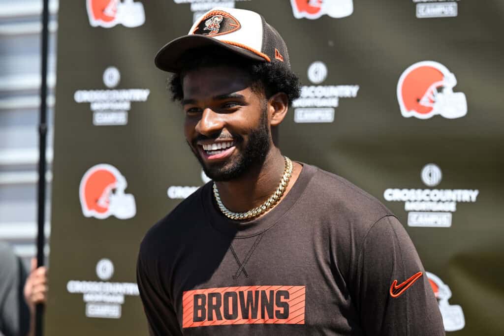 BEREA, OHIO - MAY 10: Shedeur Sanders #12 of the Cleveland Browns answers questions from the media during a press conference prior to rookie minicamp at CrossCountry Mortgage Campus on May 10, 2025 in Berea, Ohio.