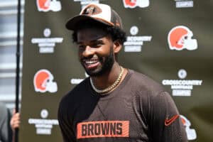 BEREA, OHIO - MAY 10: Shedeur Sanders #12 of the Cleveland Browns answers questions from the media during a press conference prior to rookie minicamp at CrossCountry Mortgage Campus on May 10, 2025 in Berea, Ohio.