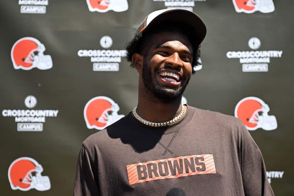 BEREA, OHIO - MAY 10: Shedeur Sanders #12 of the Cleveland Browns answers questions from the media during a press conference prior to rookie minicamp at CrossCountry Mortgage Campus on May 10, 2025 in Berea, Ohio.