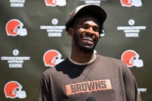 BEREA, OHIO - MAY 10: Shedeur Sanders #12 of the Cleveland Browns answers questions from the media during a press conference prior to rookie minicamp at CrossCountry Mortgage Campus on May 10, 2025 in Berea, Ohio.