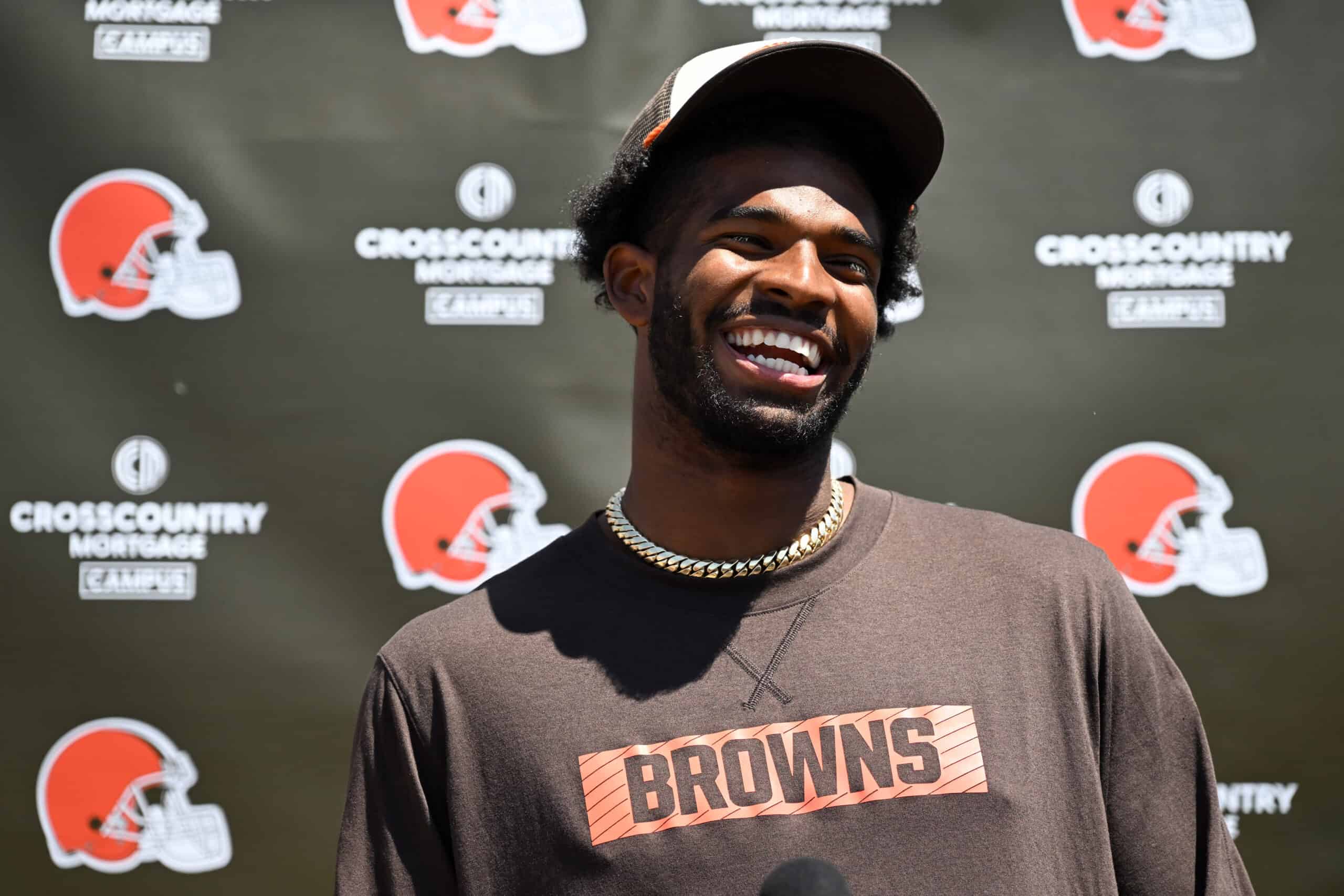 BEREA, OHIO - MAY 10: Shedeur Sanders #12 of the Cleveland Browns answers questions from the media during a press conference prior to rookie minicamp at CrossCountry Mortgage Campus on May 10, 2025 in Berea, Ohio.