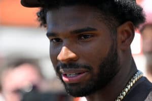 BEREA, OHIO - MAY 10: Shedeur Sanders #12 of the Cleveland Browns answers questions from the media during a press conference prior to rookie minicamp at CrossCountry Mortgage Campus on May 10, 2025 in Berea, Ohio.