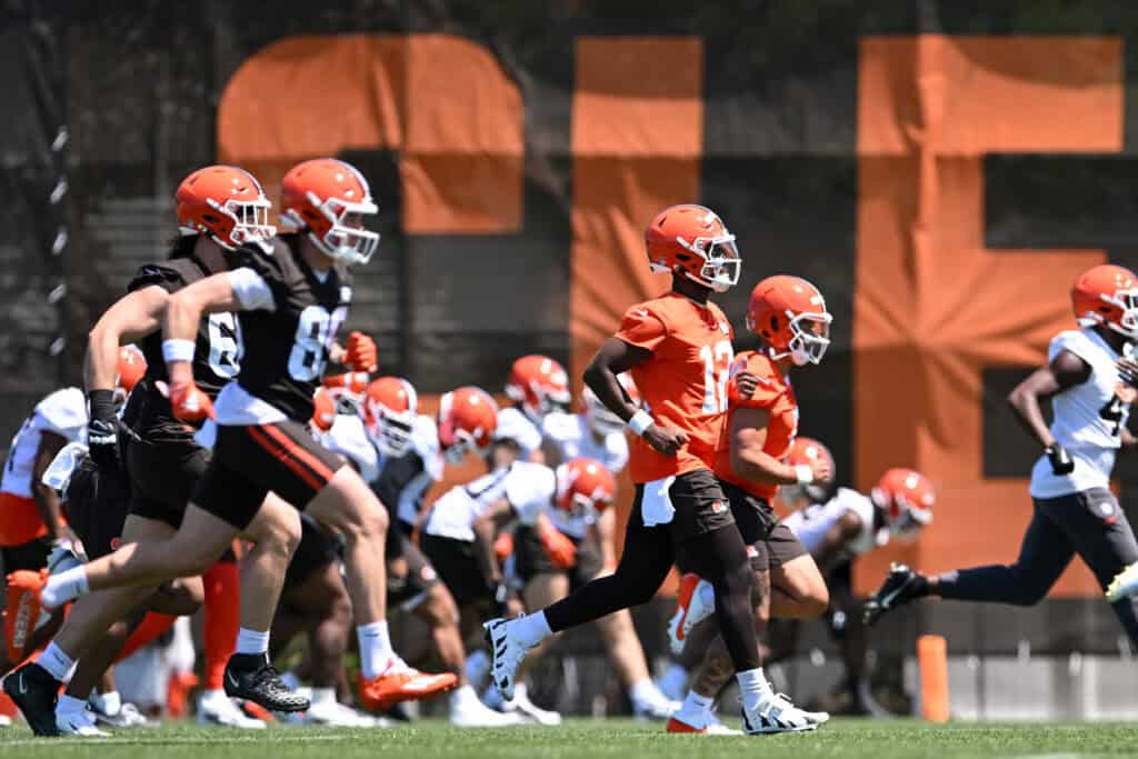 BEREA, OHIO - MAY 10: Shedeur Sanders #12 of the Cleveland Browns warms up during rookie minicamp at CrossCountry Mortgage Campus on May 10, 2025 in Berea, Ohio.