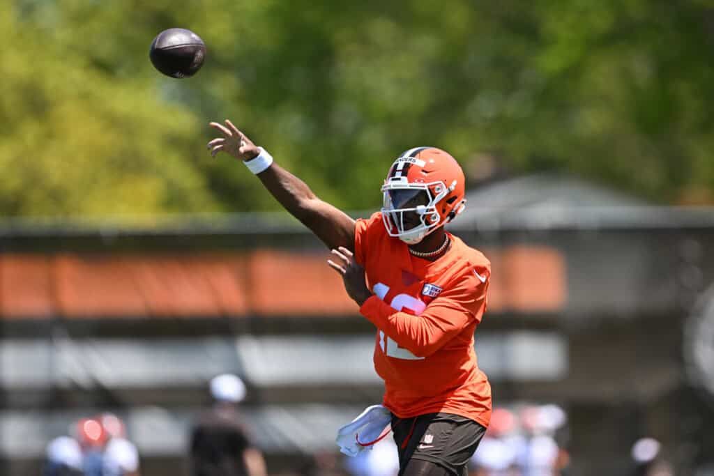 BEREA, OHIO - MAY 10: Shedeur Sanders #12 of the Cleveland Browns throws a pass during rookie minicamp at CrossCountry Mortgage Campus on May 10, 2025 in Berea, Ohio.