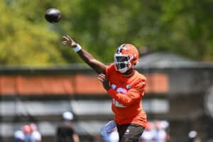 BEREA, OHIO - MAY 10: Shedeur Sanders #12 of the Cleveland Browns throws a pass during rookie minicamp at CrossCountry Mortgage Campus on May 10, 2025 in Berea, Ohio.