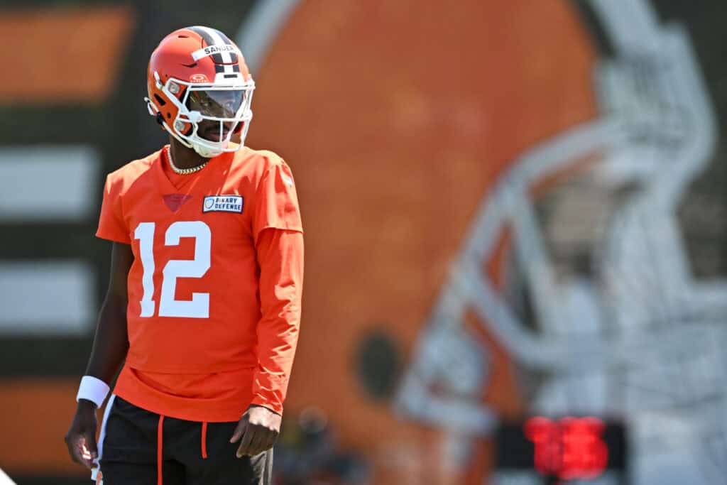 BEREA, OHIO - MAY 10: Shedeur Sanders #12 of the Cleveland Browns looks on during rookie minicamp at CrossCountry Mortgage Campus on May 10, 2025 in Berea, Ohio.