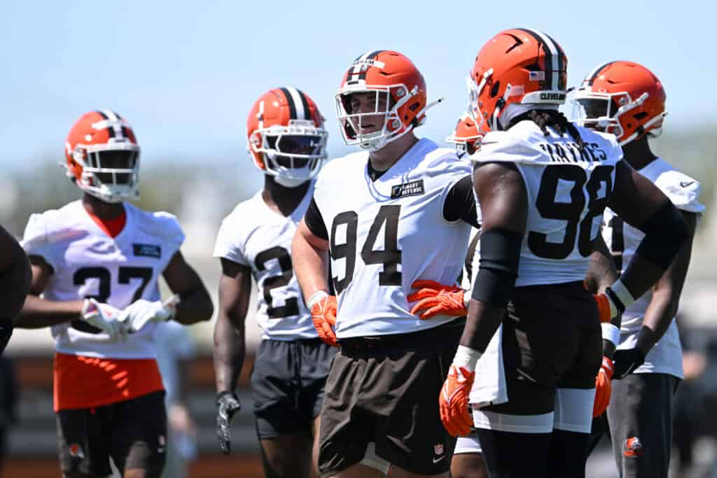 BEREA, OHIO - MAY 10: Mason Graham #94 of the Cleveland Browns looks on during rookie minicamp at CrossCountry Mortgage Campus on May 10, 2025 in Berea, Ohio.