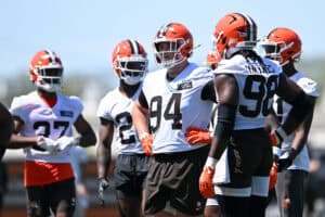 BEREA, OHIO - MAY 10: Mason Graham #94 of the Cleveland Browns looks on during rookie minicamp at CrossCountry Mortgage Campus on May 10, 2025 in Berea, Ohio.