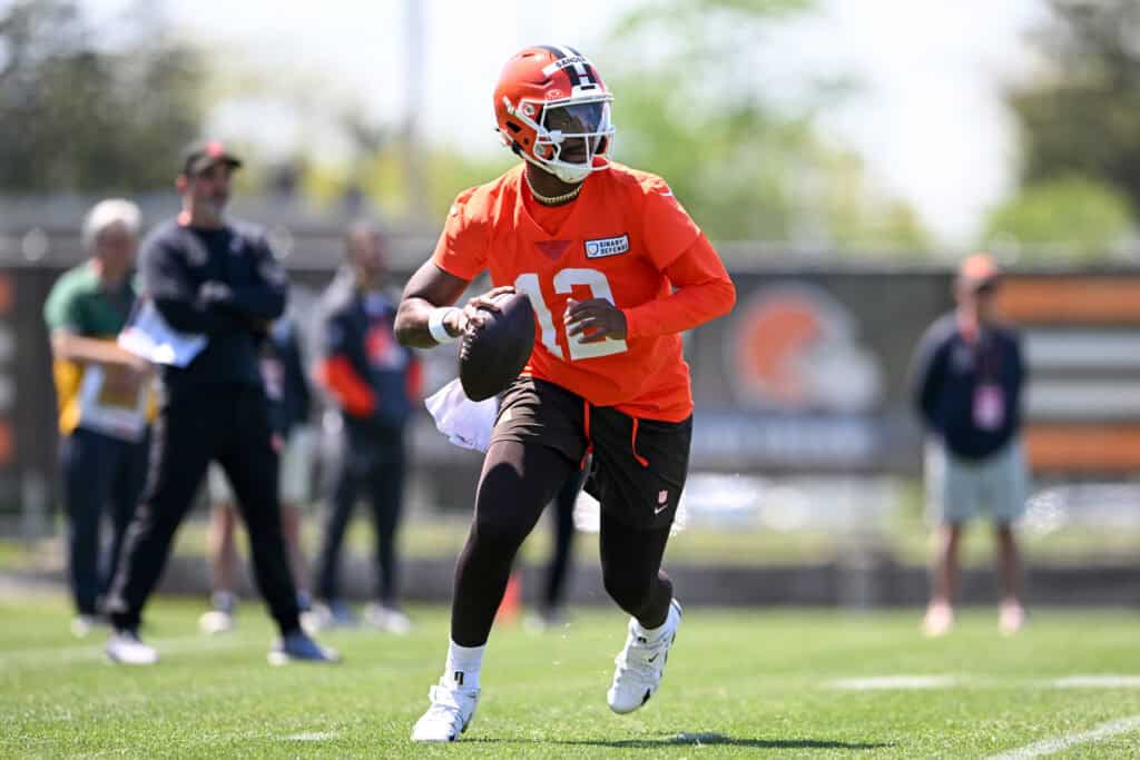 BEREA, OHIO - MAY 10: Shedeur Sanders #12 of the Cleveland Browns runs a drill during rookie minicamp at CrossCountry Mortgage Campus on May 10, 2025 in Berea, Ohio.