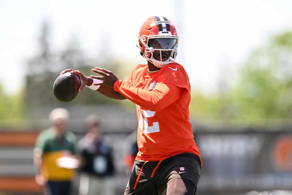 BEREA, OHIO - MAY 10: Shedeur Sanders #12 of the Cleveland Browns throws a pass during rookie minicamp at CrossCountry Mortgage Campus on May 10, 2025 in Berea, Ohio