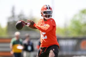 BEREA, OHIO - MAY 10: Shedeur Sanders #12 of the Cleveland Browns throws a pass during rookie minicamp at CrossCountry Mortgage Campus on May 10, 2025 in Berea, Ohio
