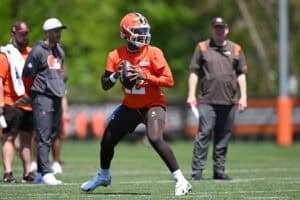 BEREA, OHIO - MAY 10: Shedeur Sanders #12 of the Cleveland Browns runs a drill during rookie minicamp at CrossCountry Mortgage Campus on May 10, 2025 in Berea, Ohio.