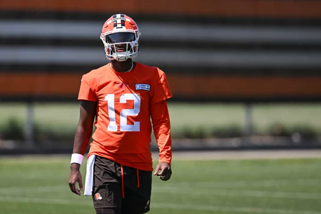 BEREA, OHIO - MAY 10: Shedeur Sanders #12 of the Cleveland Browns looks on during rookie minicamp at CrossCountry Mortgage Campus on May 10, 2025 in Berea, Ohio.