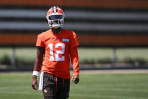 BEREA, OHIO - MAY 10: Shedeur Sanders #12 of the Cleveland Browns looks on during rookie minicamp at CrossCountry Mortgage Campus on May 10, 2025 in Berea, Ohio.