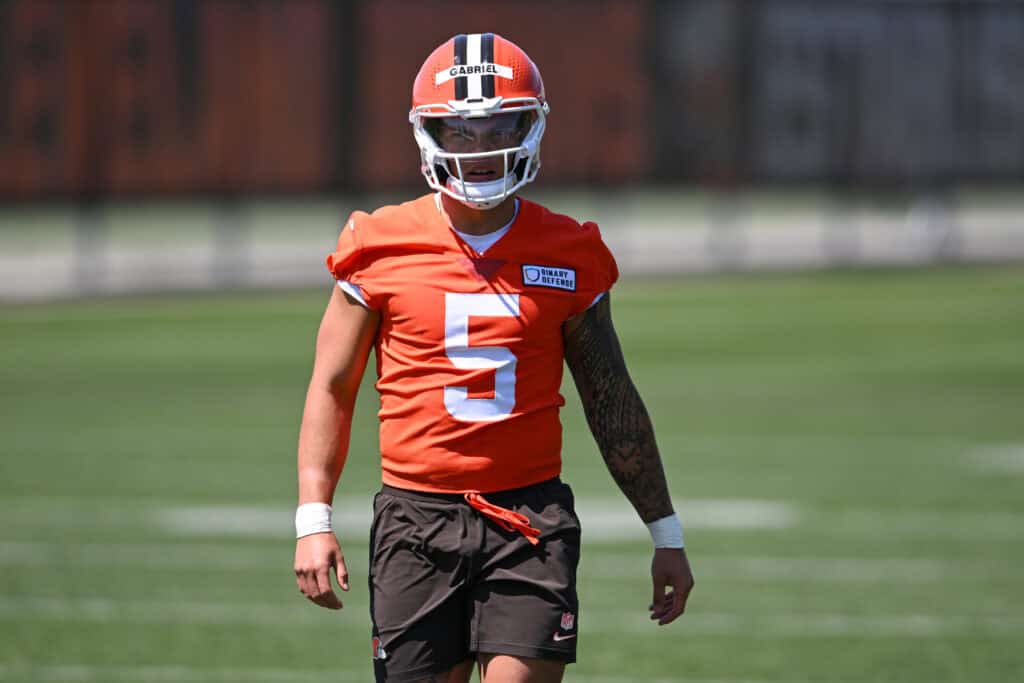 BEREA, OHIO - MAY 10: Dillon Gabriel #5 of the Cleveland Browns looks on during rookie minicamp at CrossCountry Mortgage Campus on May 10, 2025 in Berea, Ohio.
