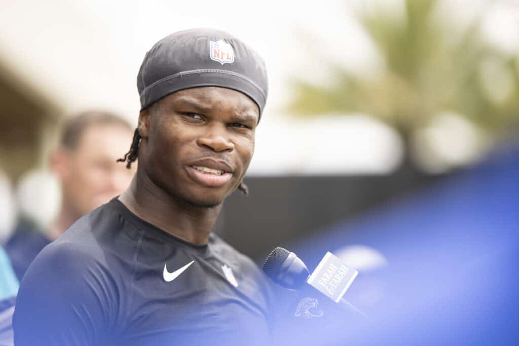 JACKSONVILLE, FLORIDA - MAY 10: Travis Hunter #12 of the Jacksonville Jaguars speaks to the Media during Jacksonville Jaguars Rookie Minicamp at Miller Electric Center on May 10, 2025 in Jacksonville, Florida.