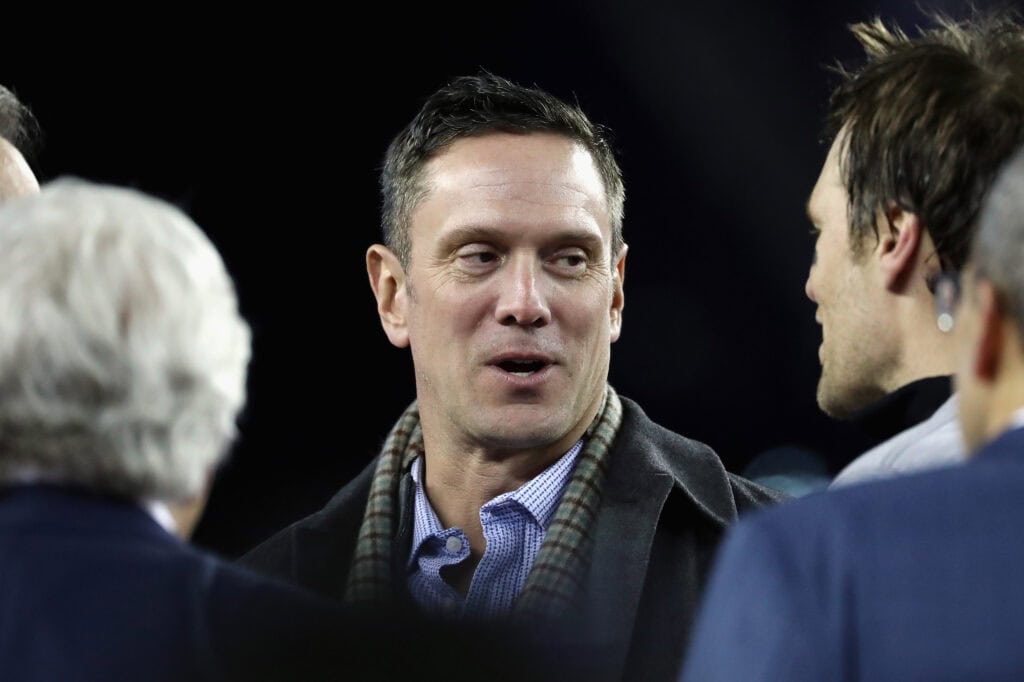 FOXBOROUGH, MA - JANUARY 21: Former quarterback Drew Bledsoe of the New England Patriots talks with Tom Brady #12 of the New England Patriots afterthe AFC Championship Game against the Jacksonville Jaguars at Gillette Stadium on January 21, 2018 in Foxborough, Massachusetts.