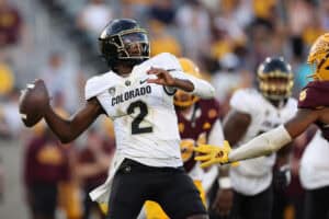TEMPE, ARIZONA - OCTOBER 07: Quarterback Shedeur Sanders #2 of the Colorado Buffaloes throws a pass during the second half of the NCAAF game against the Arizona State Sun Devils at Mountain America Stadium on October 07, 2023 in Tempe, Arizona.