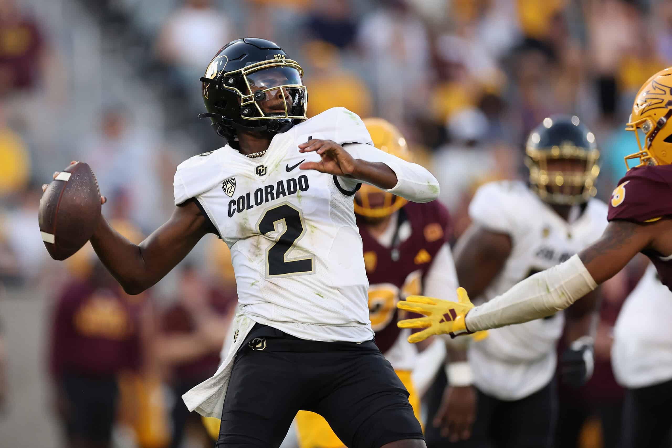 TEMPE, ARIZONA - OCTOBER 07: Quarterback Shedeur Sanders #2 of the Colorado Buffaloes throws a pass during the second half of the NCAAF game against the Arizona State Sun Devils at Mountain America Stadium on October 07, 2023 in Tempe, Arizona.