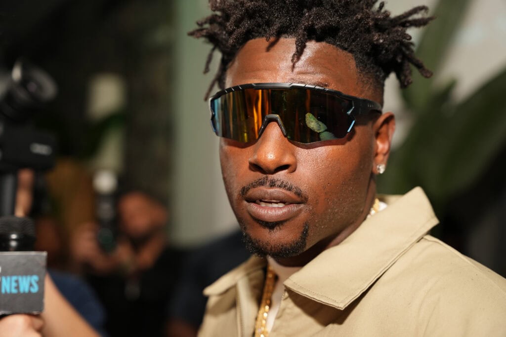 MIAMI BEACH, FLORIDA - FEBRUARY 24: Antonio Brown attends Floyd Mayweather's birthday bash at The Gabriel Miami South Beach on February 24, 2022 in Miami Beach, Florida.