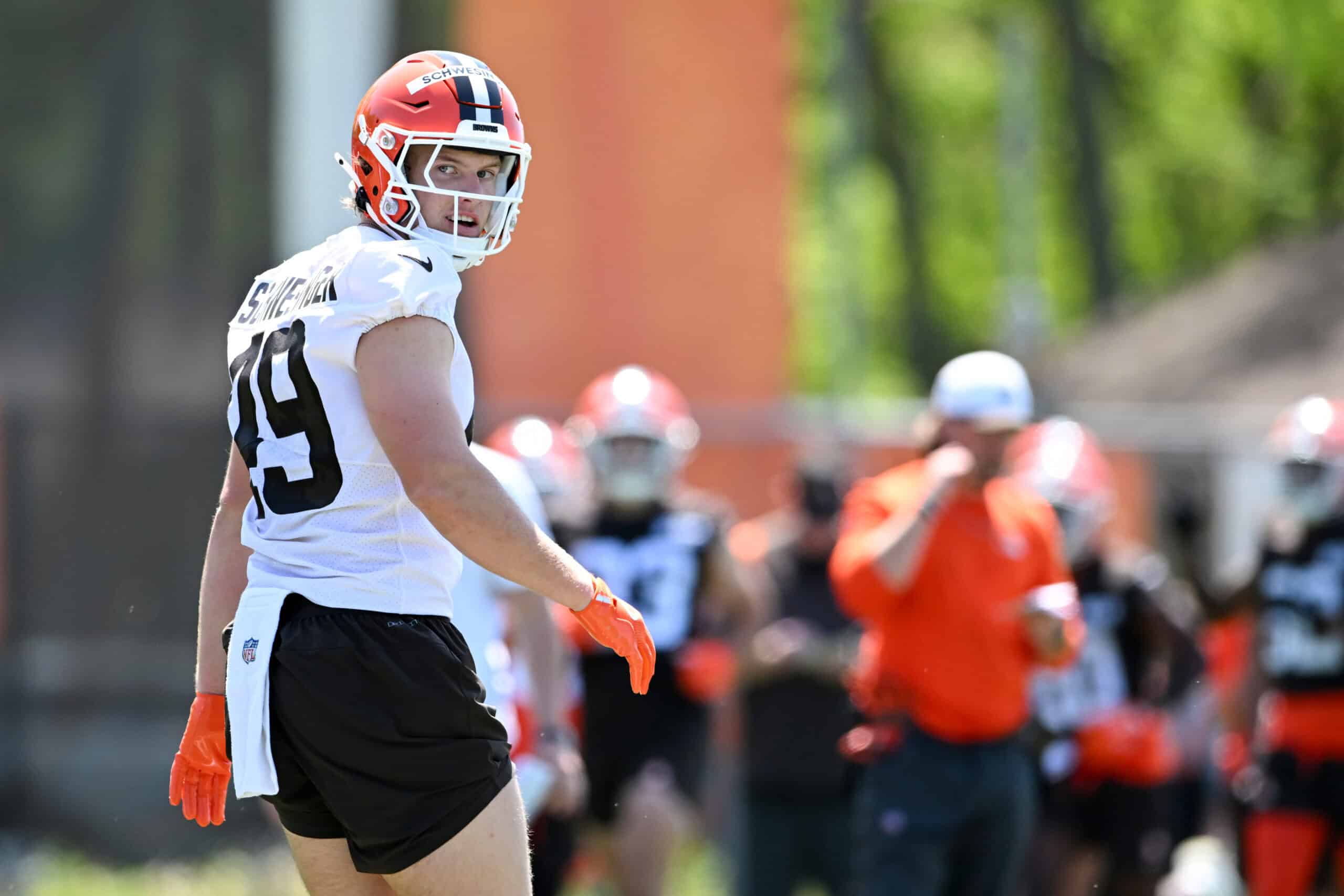BEREA, OHIO - MAY 10: Carson Schwesinger #49 of the Cleveland Browns looks on during rookie minicamp at CrossCountry Mortgage Campus on May 10, 2025 in Berea, Ohio.