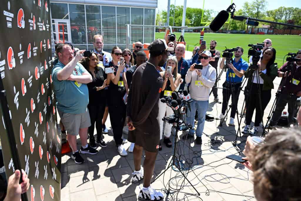 BEREA, OHIO - MAY 10: Shedeur Sanders #12 of the Cleveland Browns answers questions from the media during a press conference prior to rookie minicamp at CrossCountry Mortgage Campus on May 10, 2025 in Berea, Ohio.