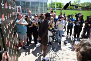 BEREA, OHIO - MAY 10: Shedeur Sanders #12 of the Cleveland Browns answers questions from the media during a press conference prior to rookie minicamp at CrossCountry Mortgage Campus on May 10, 2025 in Berea, Ohio.
