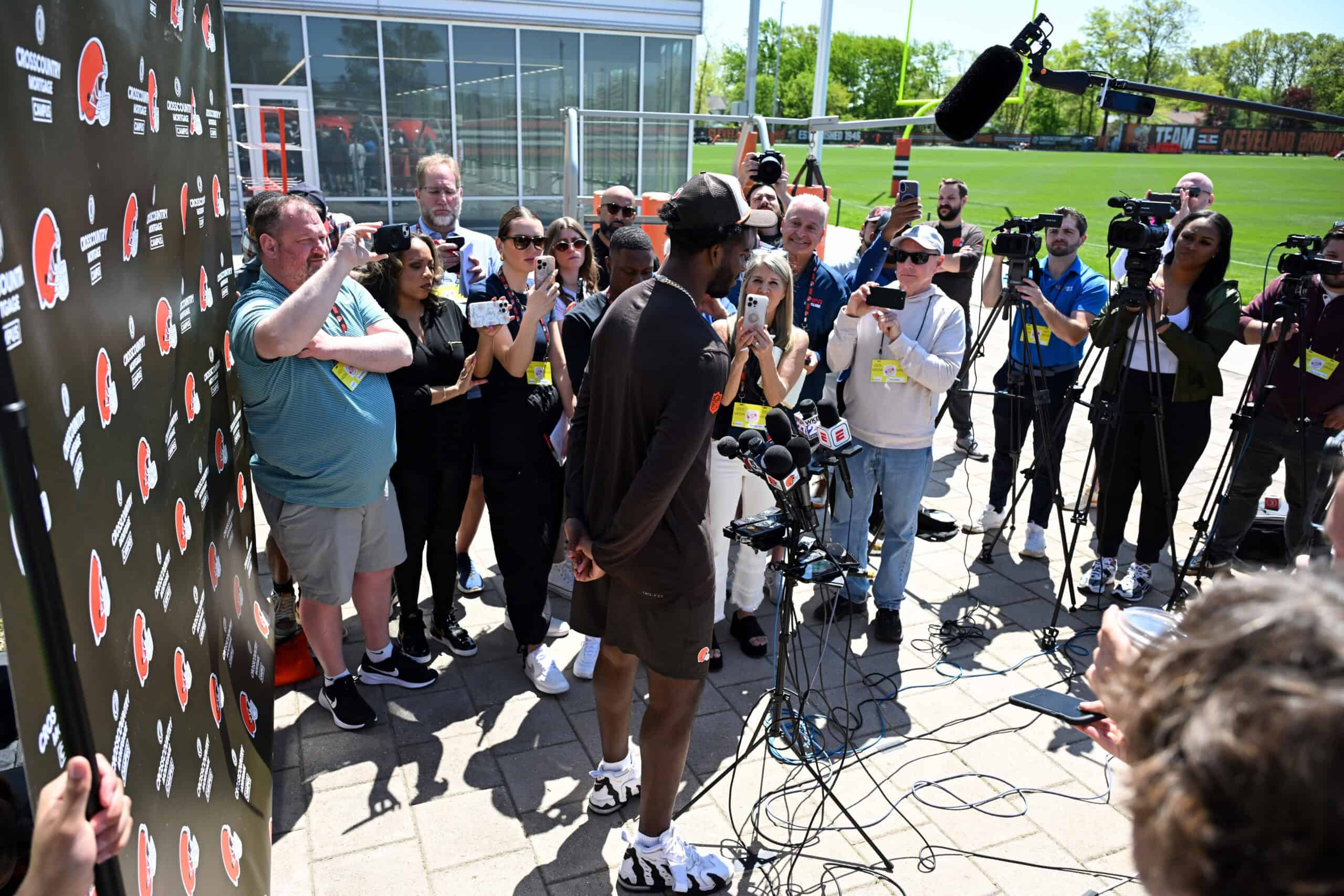 BEREA, OHIO - MAY 10: Shedeur Sanders #12 of the Cleveland Browns answers questions from the media during a press conference prior to rookie minicamp at CrossCountry Mortgage Campus on May 10, 2025 in Berea, Ohio.