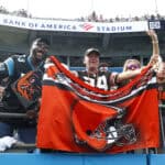 CHARLOTTE, NORTH CAROLINA - SEPTEMBER 11: Fans cheer during the the game between the Carolina Panthers and the Cleveland Browns at Bank of America Stadium on September 11, 2022 in Charlotte, North Carolina.