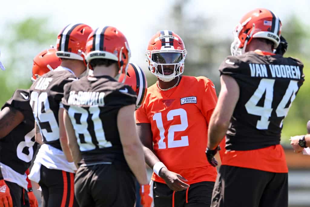 BEREA, OHIO - MAY 10: Shedeur Sanders #12 of the Cleveland Browns runs a drill during rookie minicamp at CrossCountry Mortgage Campus on May 10, 2025 in Berea, Ohio.