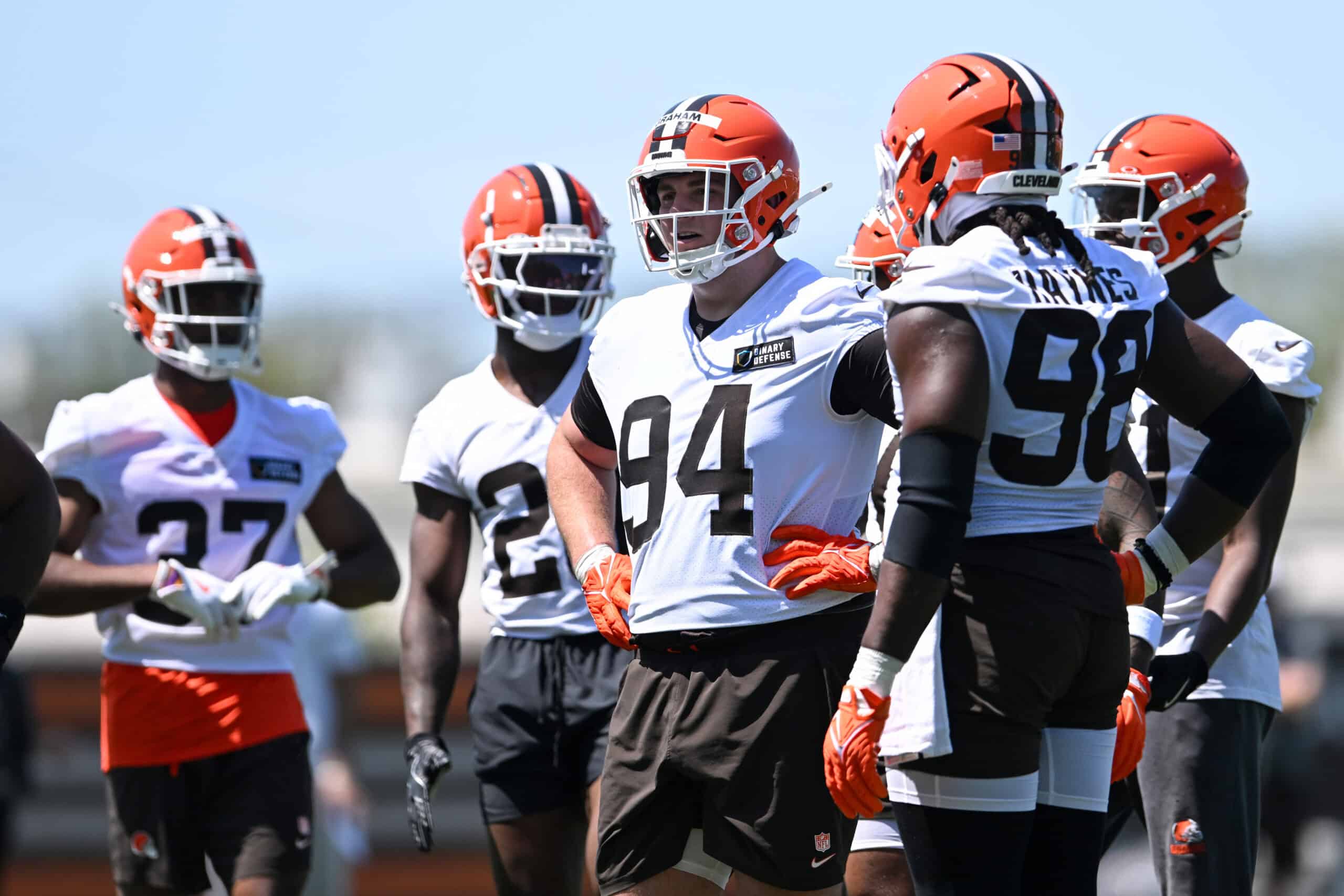 BEREA, OHIO - MAY 10: Mason Graham #94 of the Cleveland Browns looks on during rookie minicamp at CrossCountry Mortgage Campus on May 10, 2025 in Berea, Ohio.