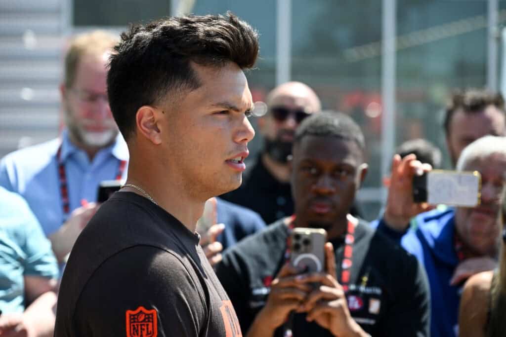 BEREA, OHIO - MAY 10: Dillon Gabriel #5 of the Cleveland Browns answers questions from the media during a press conference prior to rookie minicamp at CrossCountry Mortgage Campus on May 10, 2025 in Berea, Ohio.