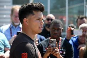 BEREA, OHIO - MAY 10: Dillon Gabriel #5 of the Cleveland Browns answers questions from the media during a press conference prior to rookie minicamp at CrossCountry Mortgage Campus on May 10, 2025 in Berea, Ohio.
