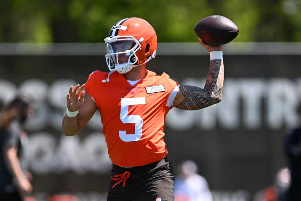 BEREA, OHIO - MAY 10: Dillon Gabriel #5 of the Cleveland Browns throws a pass during rookie minicamp at CrossCountry Mortgage Campus on May 10, 2025 in Berea, Ohio.