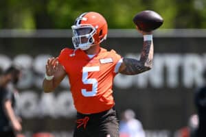 BEREA, OHIO - MAY 10: Dillon Gabriel #5 of the Cleveland Browns throws a pass during rookie minicamp at CrossCountry Mortgage Campus on May 10, 2025 in Berea, Ohio.