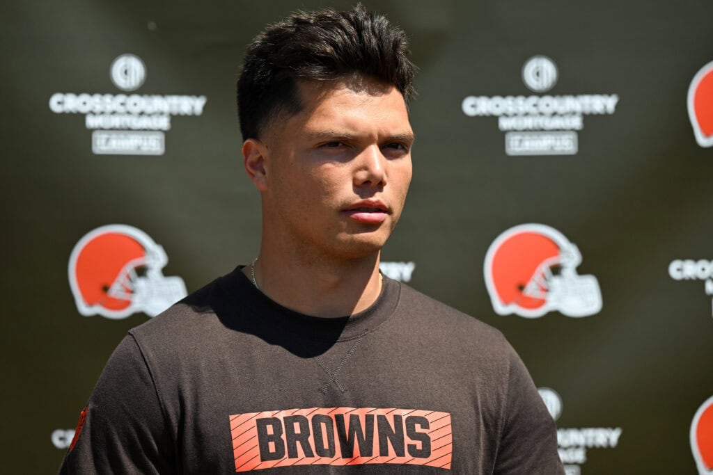 BEREA, OHIO - MAY 10: Dillon Gabriel #5 of the Cleveland Browns answers questions from the media during a press conference prior to rookie minicamp at CrossCountry Mortgage Campus on May 10, 2025 in Berea, Ohio.