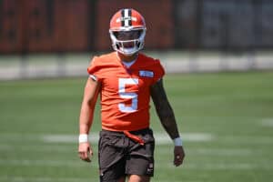 BEREA, OHIO - MAY 10: Dillon Gabriel #5 of the Cleveland Browns looks on during rookie minicamp at CrossCountry Mortgage Campus on May 10, 2025 in Berea, Ohio.