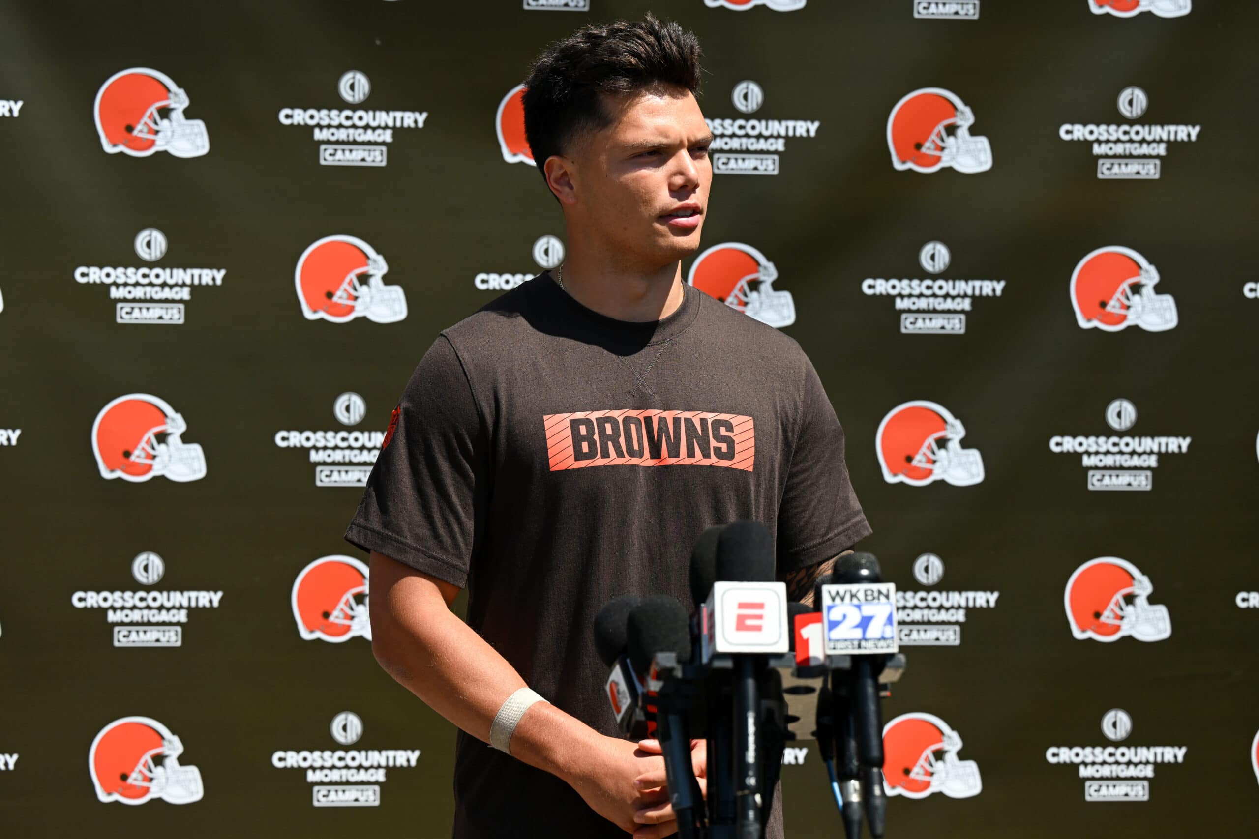 BEREA, OHIO - MAY 10: Dillon Gabriel #5 of the Cleveland Browns answers questions from the media during a press conference prior to rookie minicamp at CrossCountry Mortgage Campus on May 10, 2025 in Berea, Ohio.