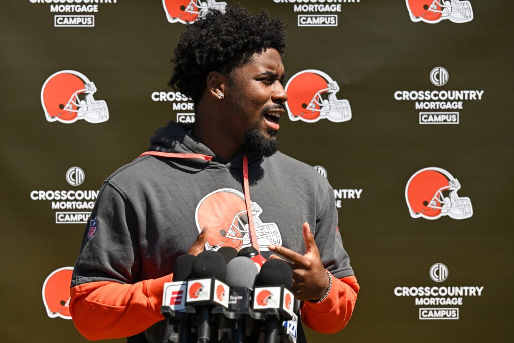 BEREA, OHIO - MAY 09: Dylan Sampson #22 of the Cleveland Browns answers questions from the media during a press conference prior to rookie minicamp at CrossCountry Mortgage Campus on May 09, 2025 in Berea, Ohio.