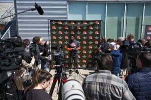 BEREA, OHIO - MAY 09: Dylan Sampson #22 of the Cleveland Browns answers questions from the media during a press conference prior to rookie minicamp at CrossCountry Mortgage Campus on May 09, 2025 in Berea, Ohio.