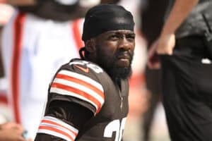 CLEVELAND, OHIO - SEPTEMBER 18: Jeremiah Owusu-Koramoah #28 of the Cleveland Browns looks on before the game against the New York Jets at FirstEnergy Stadium on September 18, 2022 in Cleveland, Ohio.