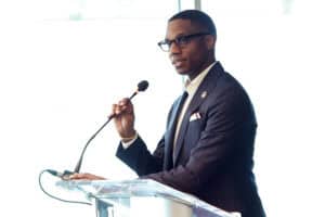 CLEVELAND, OHIO - JUNE 06: Cleveland Mayor Justin M. Bibb speaks during Leveling The Playing Field: The Urban Expungement Program's Impact and Future Expansion at Cleveland Browns Stadium on June 06, 2024 in Cleveland, Ohio.