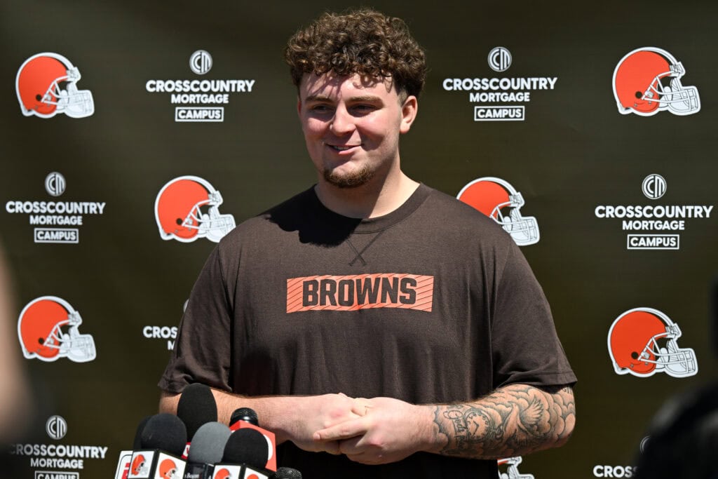BEREA, OHIO - MAY 09: Mason Graham #94 of the Cleveland Browns answers questions from the media during a press conference prior to rookie minicamp at CrossCountry Mortgage Campus on May 09, 2025 in Berea, Ohio.