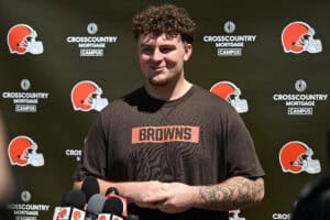 BEREA, OHIO - MAY 09: Mason Graham #94 of the Cleveland Browns answers questions from the media during a press conference prior to rookie minicamp at CrossCountry Mortgage Campus on May 09, 2025 in Berea, Ohio.