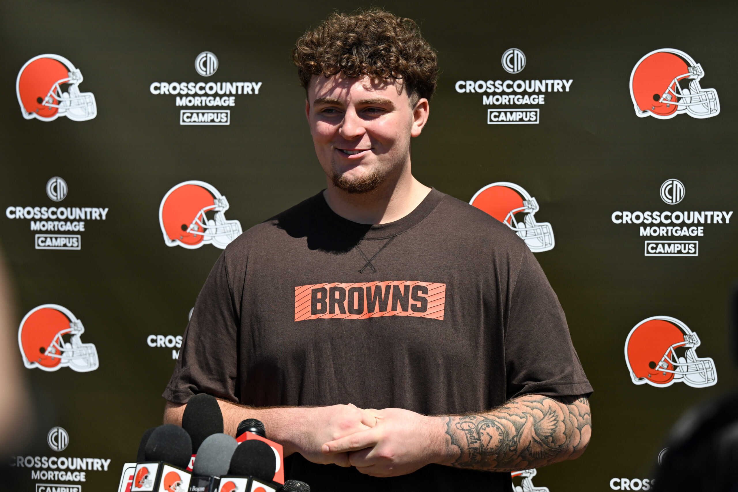 BEREA, OHIO - MAY 09: Mason Graham #94 of the Cleveland Browns answers questions from the media during a press conference prior to rookie minicamp at CrossCountry Mortgage Campus on May 09, 2025 in Berea, Ohio.