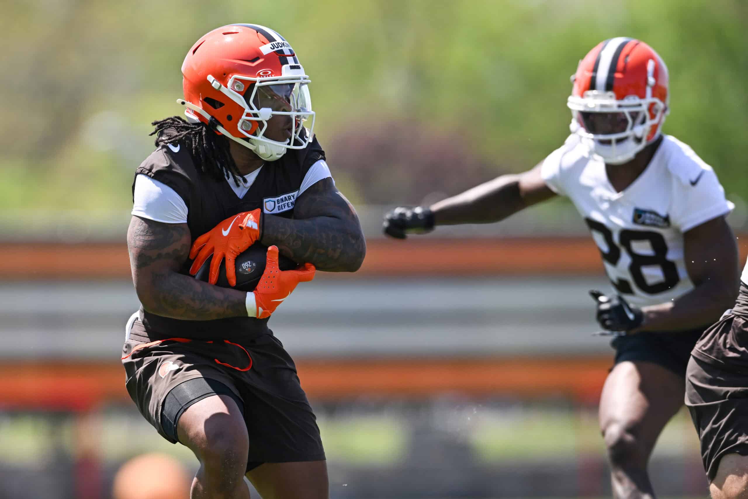 BEREA, OHIO - MAY 10: Quinshon Judkins #10 of the Cleveland Browns runs a drill during rookie minicamp at CrossCountry Mortgage Campus on May 10, 2025 in Berea, Ohio.