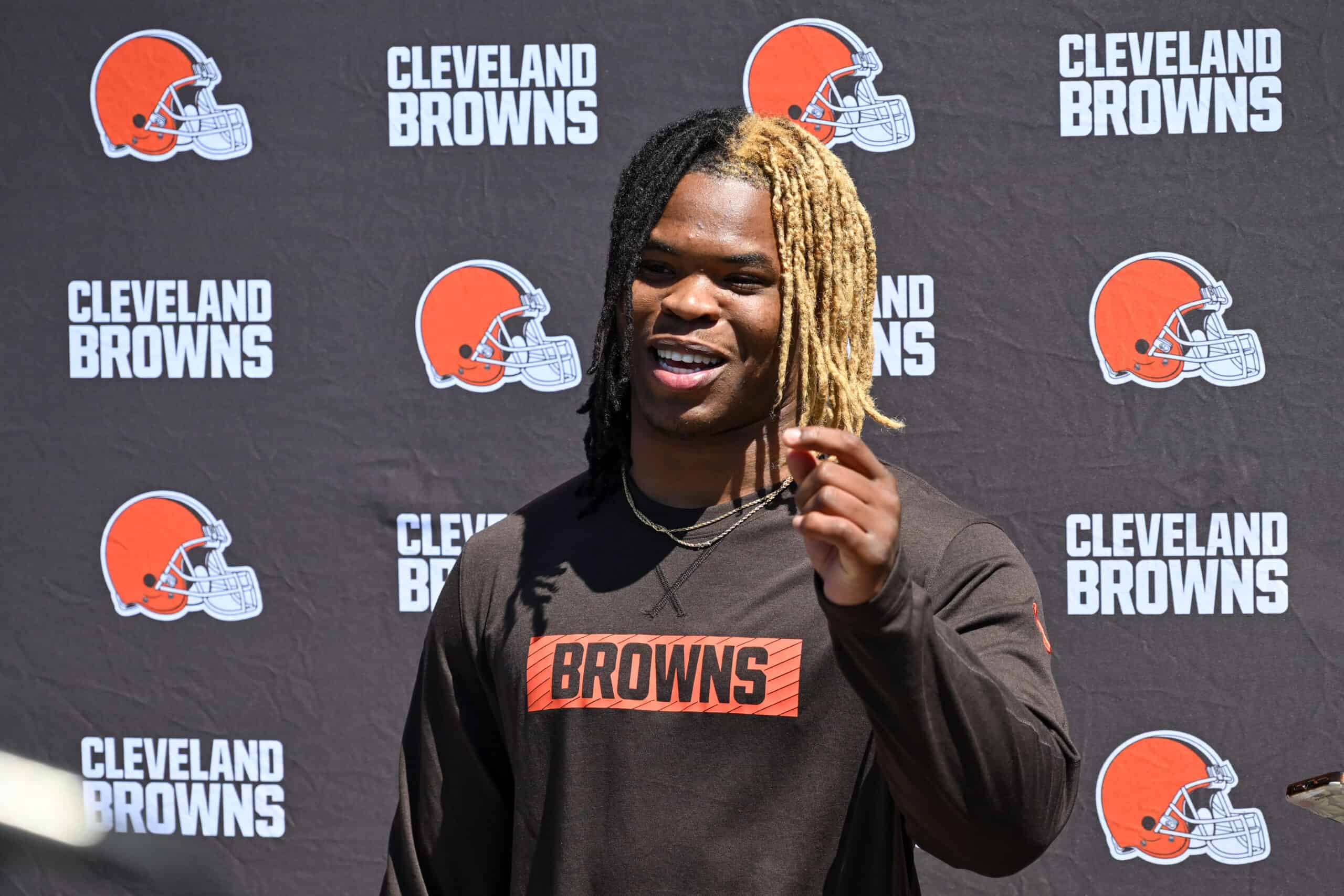 BEREA, OHIO - MAY 09: Quinshon Judkins #10 of the Cleveland Browns answers questions from the media during a press conference prior to rookie minicamp at CrossCountry Mortgage Campus on May 09, 2025 in Berea, Ohio.